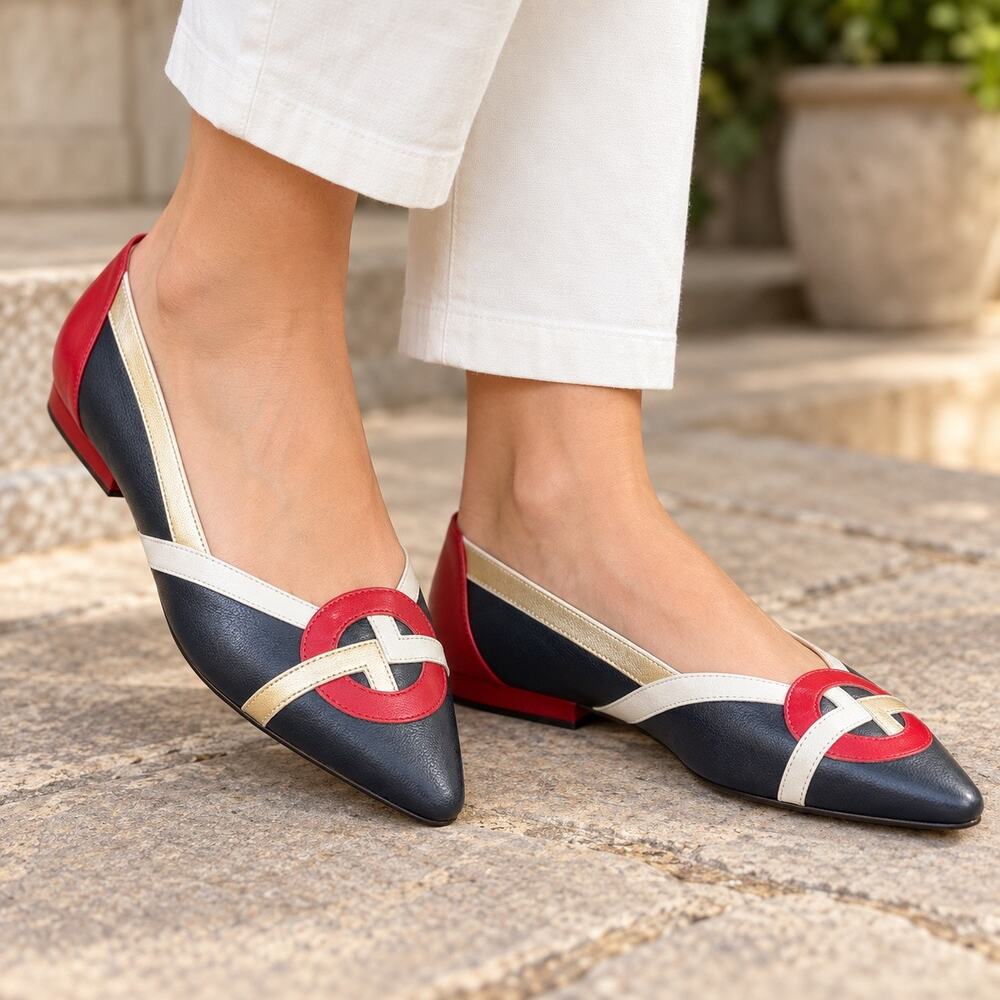 Vintage Jasmin Leather Nautical Geometric Square Toe Flats Shoes 7B